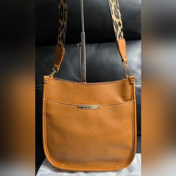 Handbags - New Tan Leather Women's Crossbody With Leopard Print Guitar Strap
